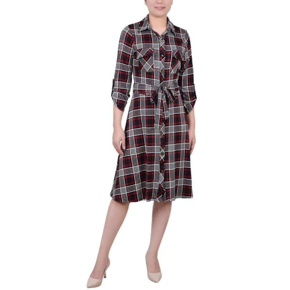 NY COLLECTION Navy PXL Button Belt Adjust Sleeve Breast Pockets Midi Shirt Dress
